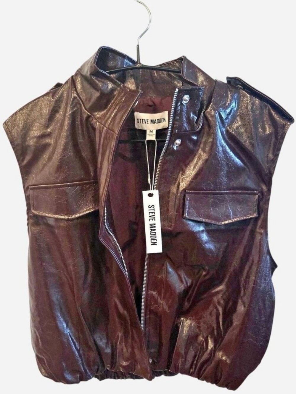 NWT Steve Madden Burgundy Faux Leather Vest Medium Trench Moto Puffer Layering